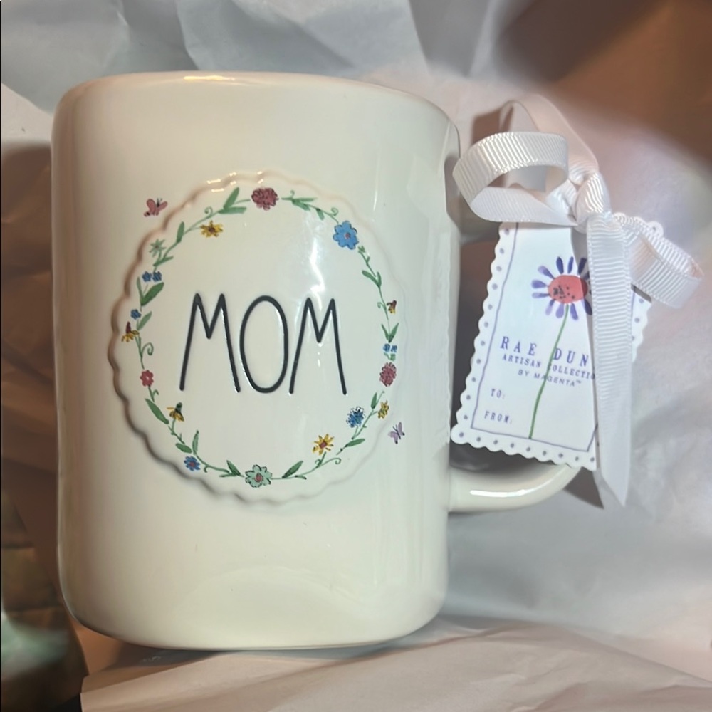 Rae Dunn White MOM Mug with Colorful Floral Wreath